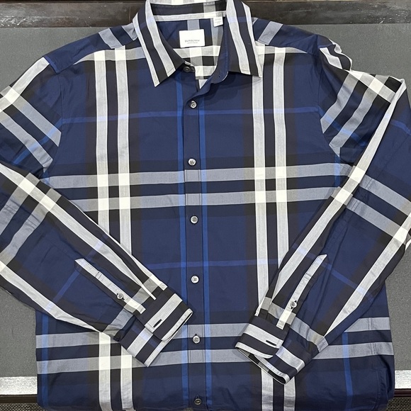 Burberry Men's Navy and White Plaid Shirt